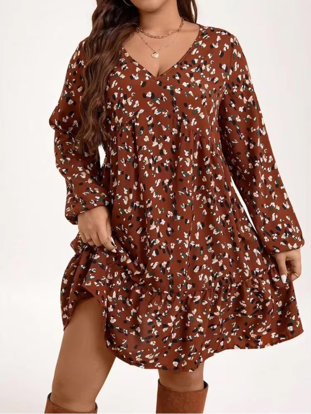 SHEIN Rust Brown Floral Spot Long Sleeve Mini Dress